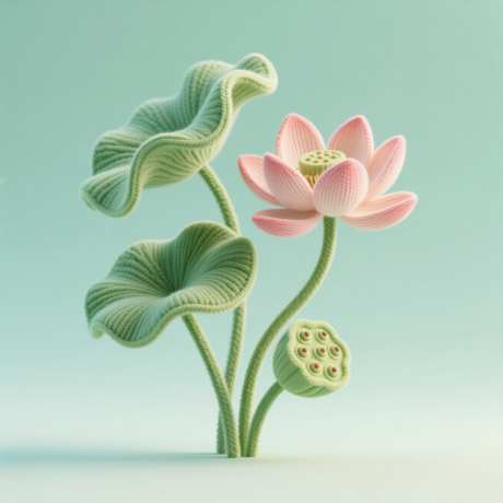 毛线质感荷花荷叶插画_AI图片下载_采样_1328X1328像素-荷叶,菱角,立体-作品编号:2025083109208964-志·设·网