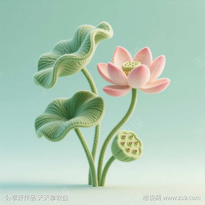 毛线质感荷花荷叶插画