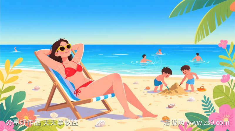 女性在沙滩享受日光浴手绘风格插画