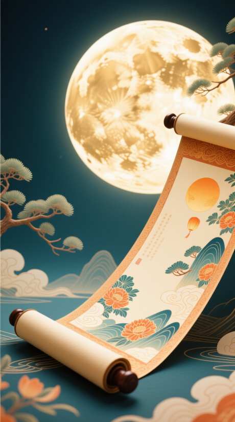 国潮卷轴描绘_AI图片下载_采样_928X1664像素-中秋,圆月,节日-作品编号:2025083116009957-志˓设·网