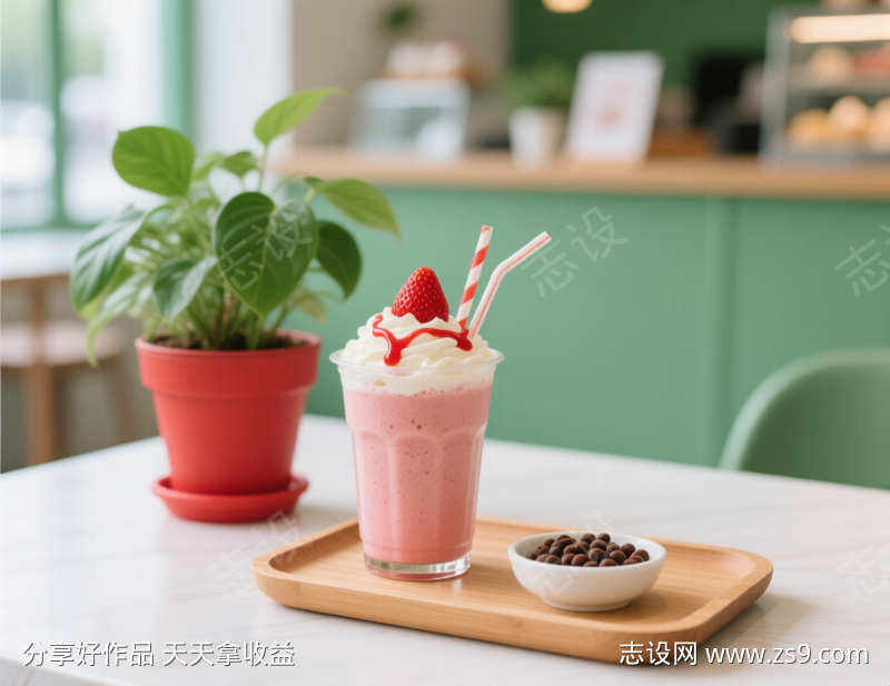 清新简约草苺奶昔