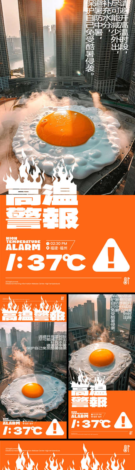 高温警告创意系列海报_源文件下载_AI格式_1024X2217像素-预警,俯视,街道,高楼,大厦,温馨,提示,避暑,中暑,火焰,天气,系列,创意,夏天,酷暑,煎蛋,城市,警报,高温,海报-作品编号:2024062516253705-设计素材-www.shejisc.cn