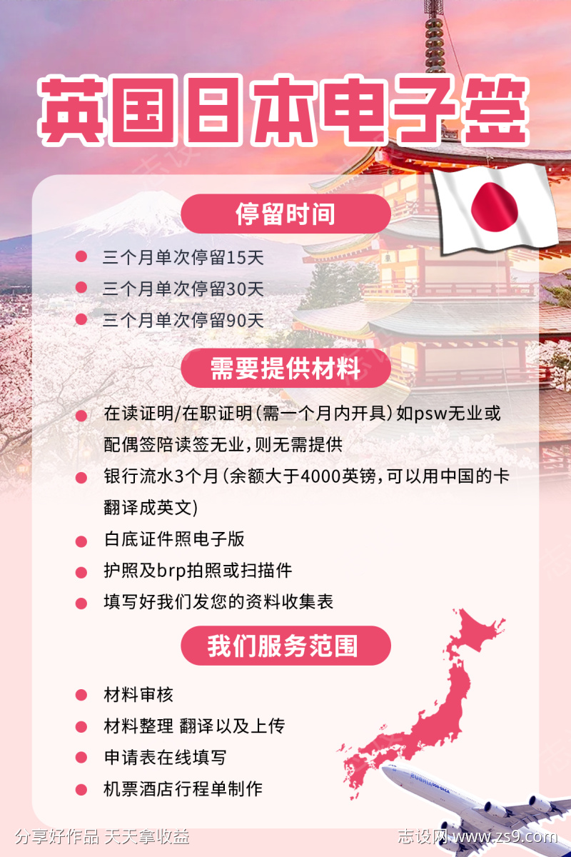 粉色旅游留学出国游出境游签证海报