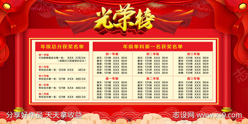 喜庆红色年级成绩单学校光荣榜展板宣传