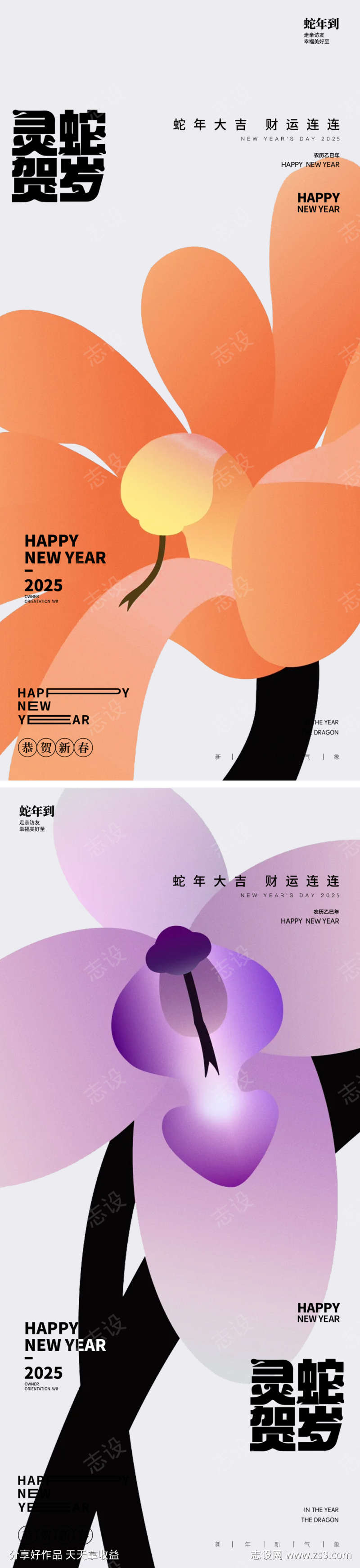 蛇年2025年花朵元旦除夕小年元宵海报