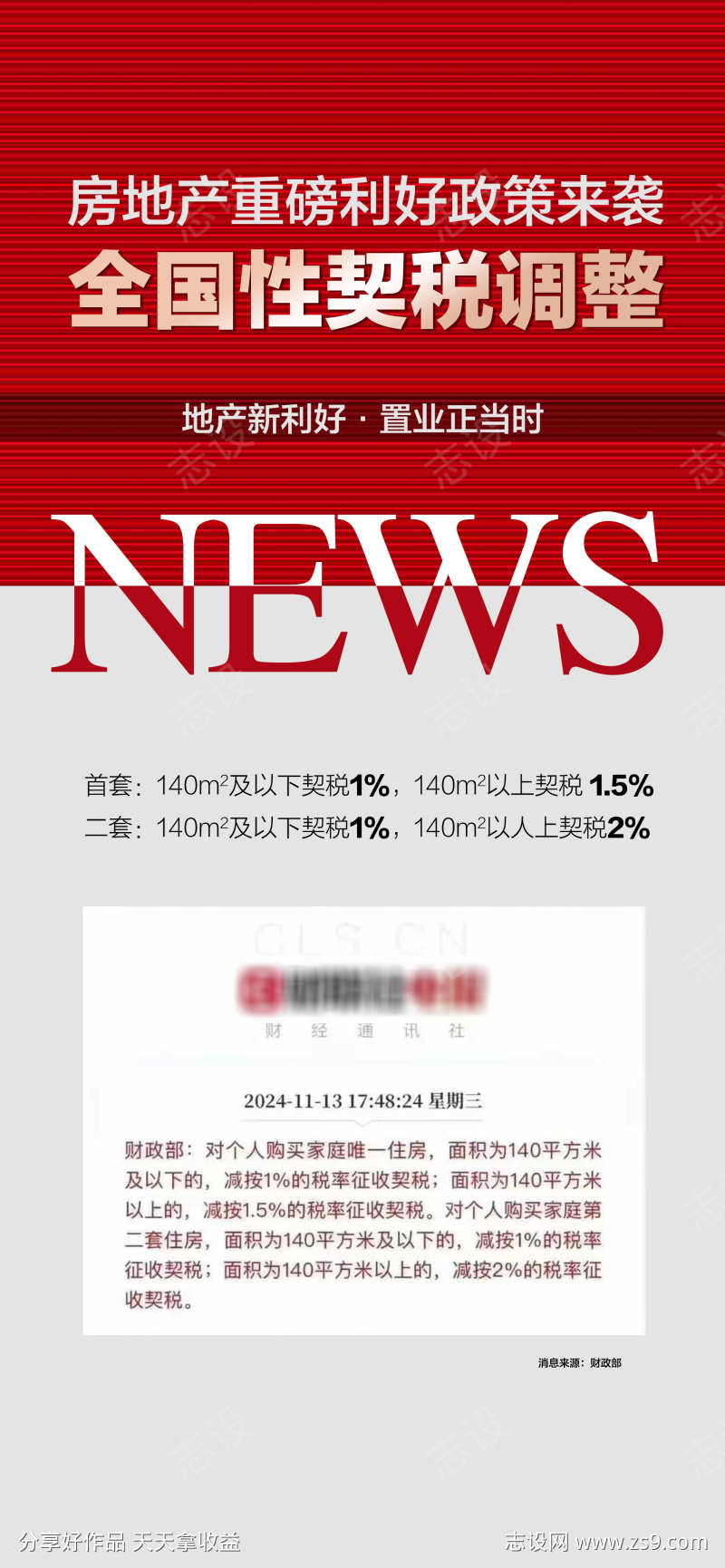地产重磅利好全国性契税调整红金海报