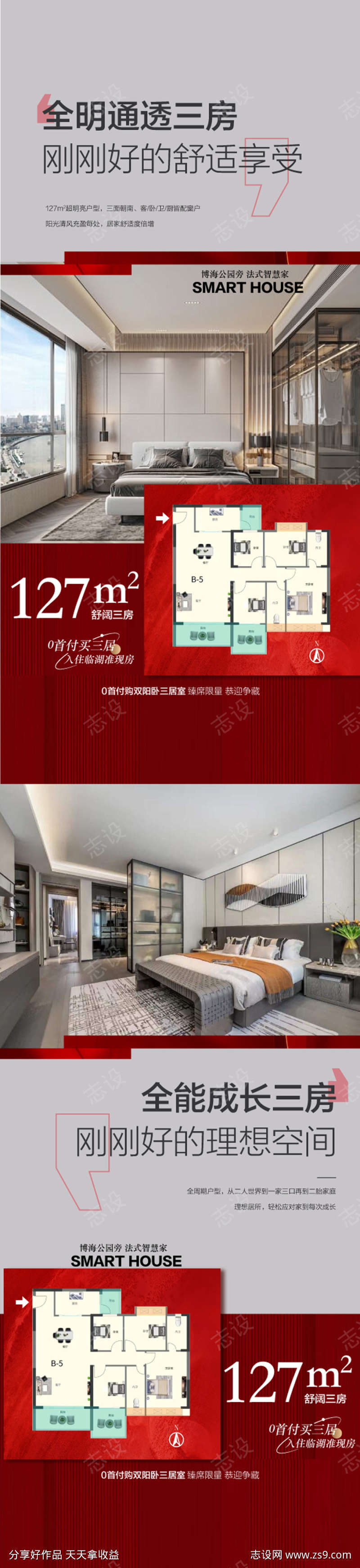一线湖景127方三房户型卖点系列海报