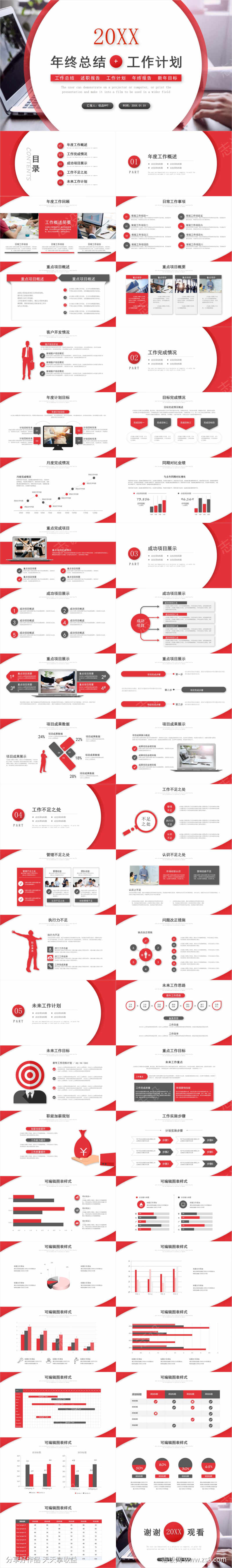 简洁大气红色实用年终总结计划PPT