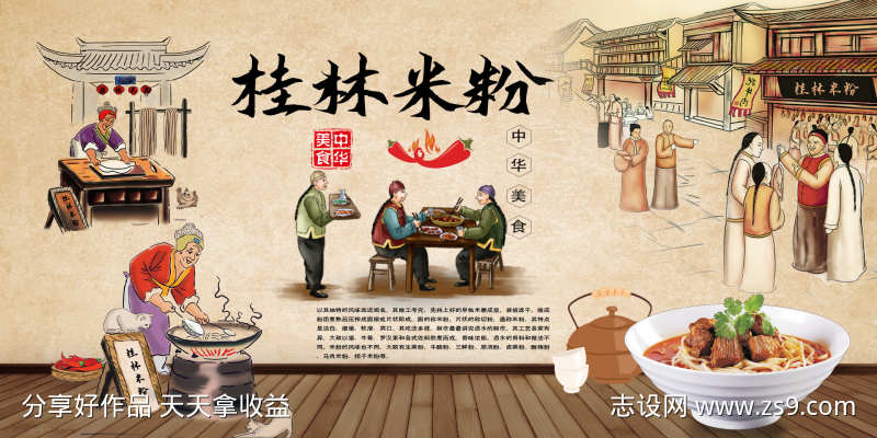 餐饮美食复古风桂林米粉常德米粉宣传背景墙
