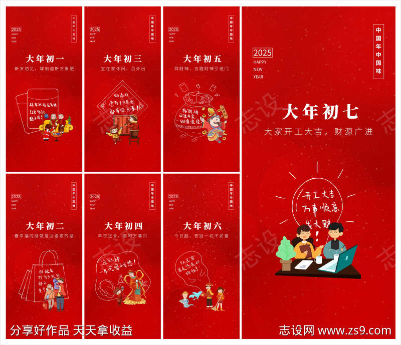 创意2025年蛇年春节初一至初七年俗海报