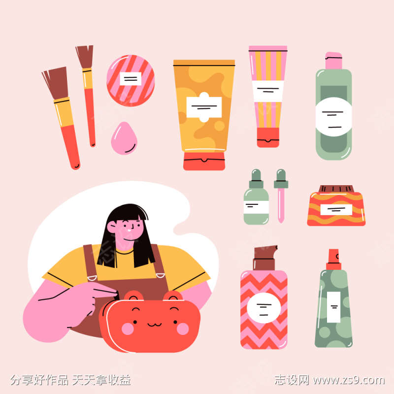 美妆护肤品手绘潮流扁平现代插画