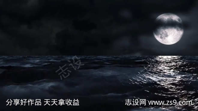 夜晚月亮海面波浪