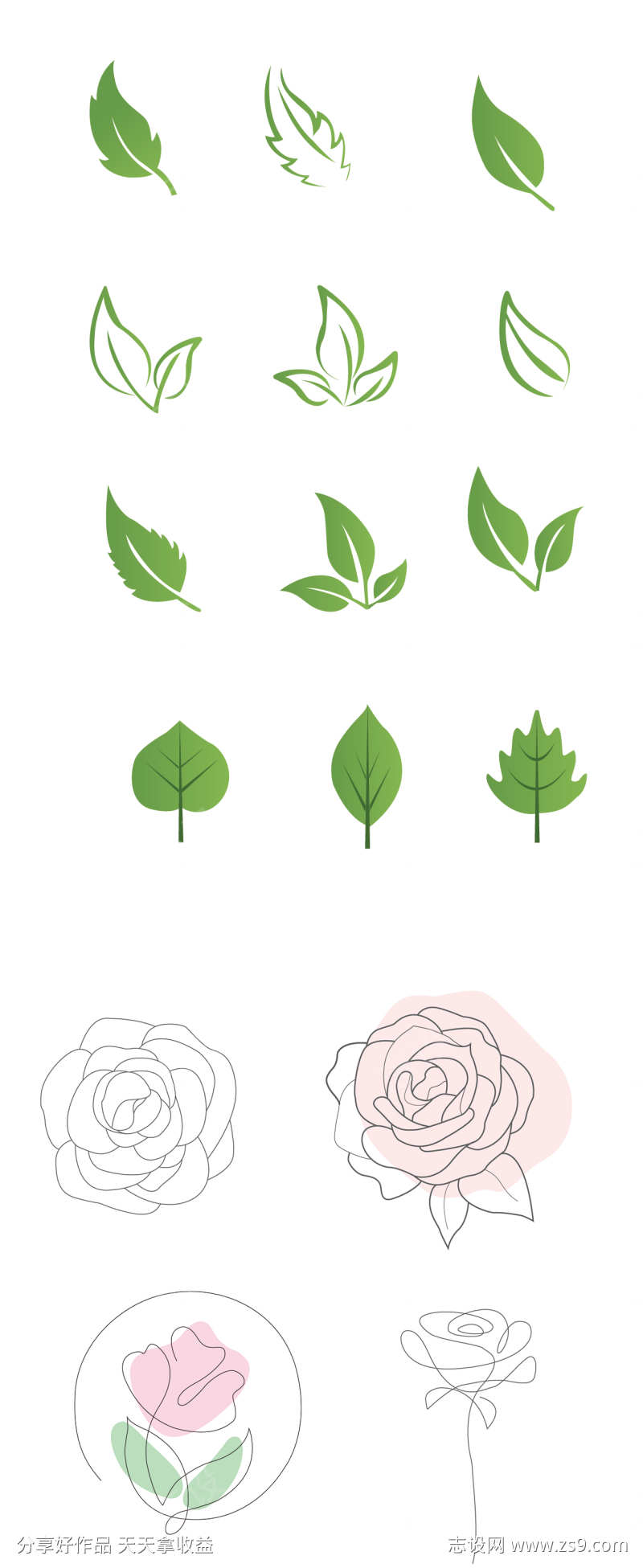 矢量玫瑰花花朵绿叶手绘图形元素