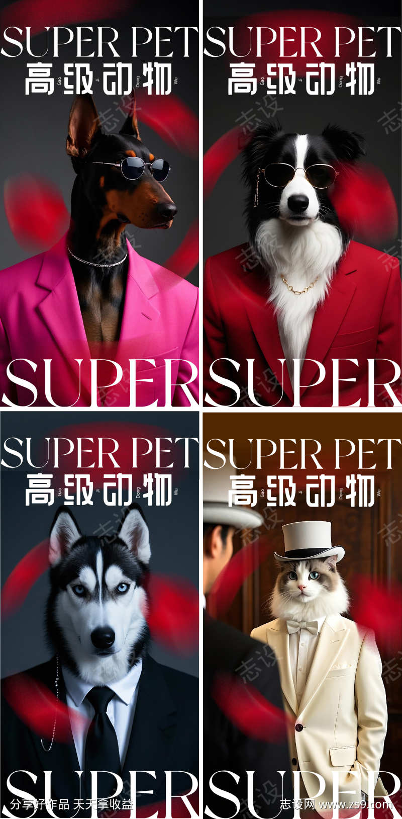 高级简约动物宠物杜宾猫狗杂志封面海报系列