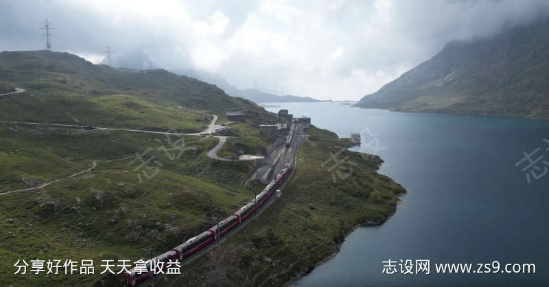 航拍山水间行驶的火车