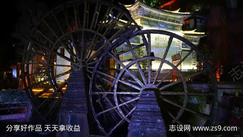 丽江古城地标大水车夜景街景