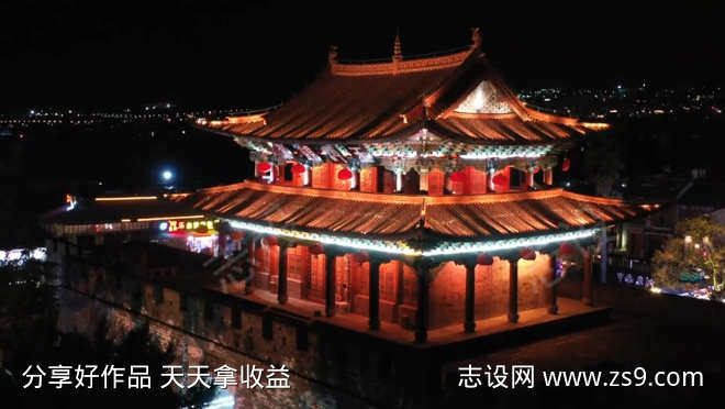 大理洱海门著名景点夜景航拍