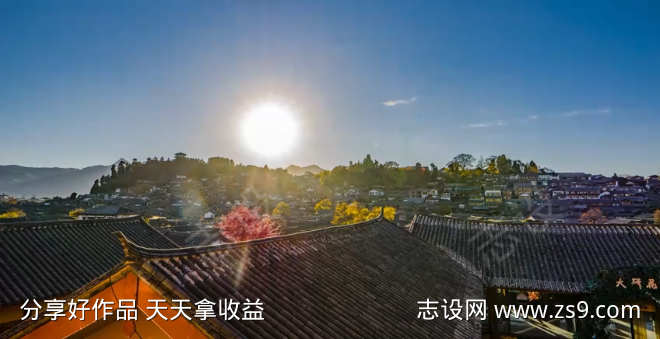 云南丽江冬季观景台日落古城