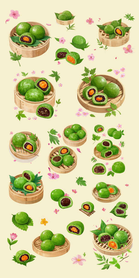 青团手绘插画_源文件下载_PSD格式_800X1600像素-咸蛋黄,豆沙,蒸笼-作品编号:2025032413379769-志设-zs9.com