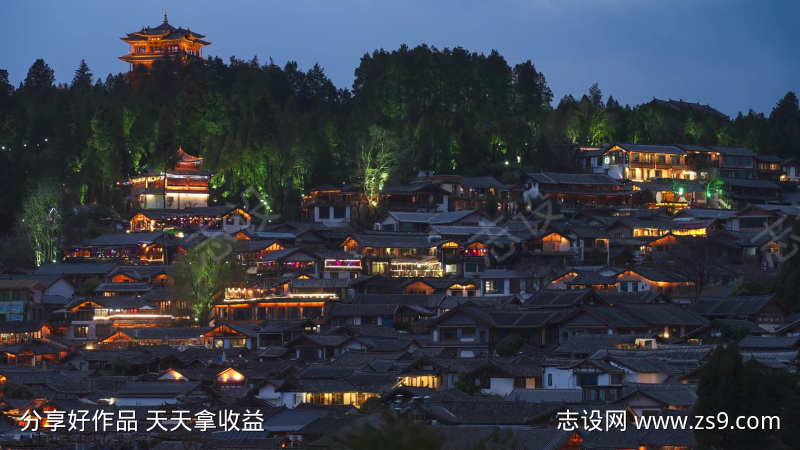丽江古城夜景灯光古建筑