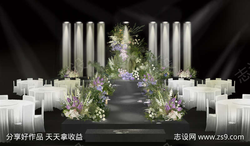 花墙造型水晶线帘背景婚礼效果图