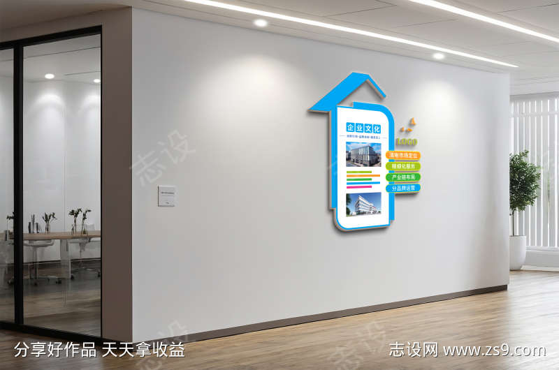 蓝色创新企业文化墙公司竖版文化墙