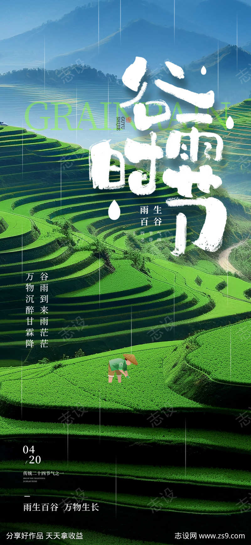 谷雨传统节气梯田宣传海报