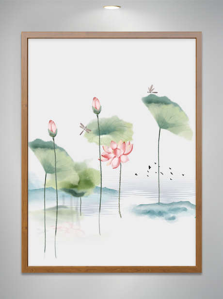 荷花荷叶插画素材_源文件下载_PSD格式_3543X4724像素-湖水,飞鸟,蜻蜓-作品编号:2025040108469754-志设-zs9.com