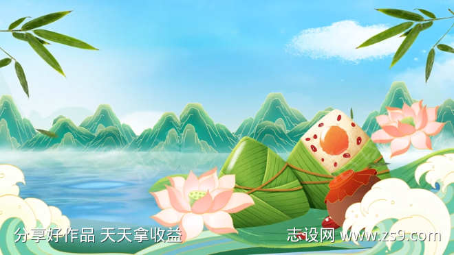 端午节粽子莲花河流背景视频