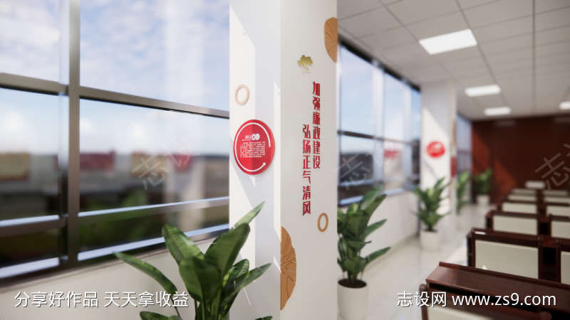 新中式雅致古典立柱走廊柱子竖版廉政文化墙