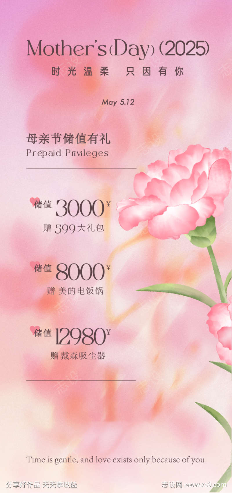 母亲节康乃馨玫瑰花情人节粉色优惠券菜单海