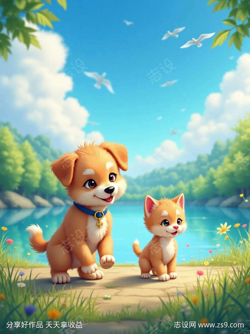 一只小狗和小猫在湖边漫步