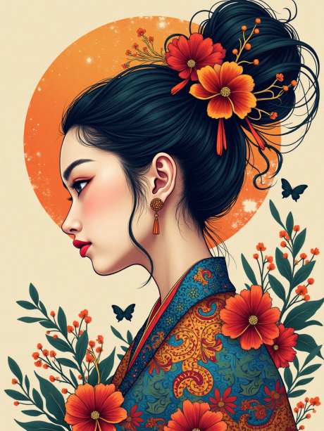 中式插画风美女_源文件下载_PNG格式_960X1280像素-花朵,侧脸,女人-作品编号:2025050711179352-志设-zs9.com