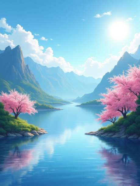 远山近水春景秀丽插画_源文件下载_PNG格式_960X1280像素-花朵,湖泊,桃花树-作品编号:2025050714504584-志设-zs9.com