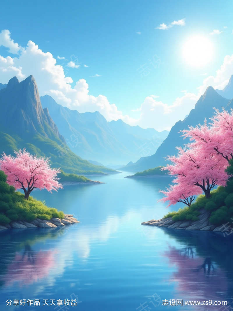 远山近水春景秀丽插画