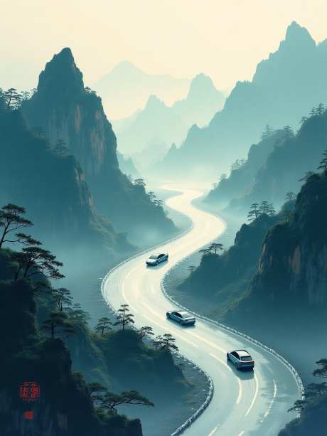传统泼墨山水画_AI图片下载_euler采样_960X1280像素-山峰,公路,汽车-作品编号:2025050714502440-志设-zs9.com