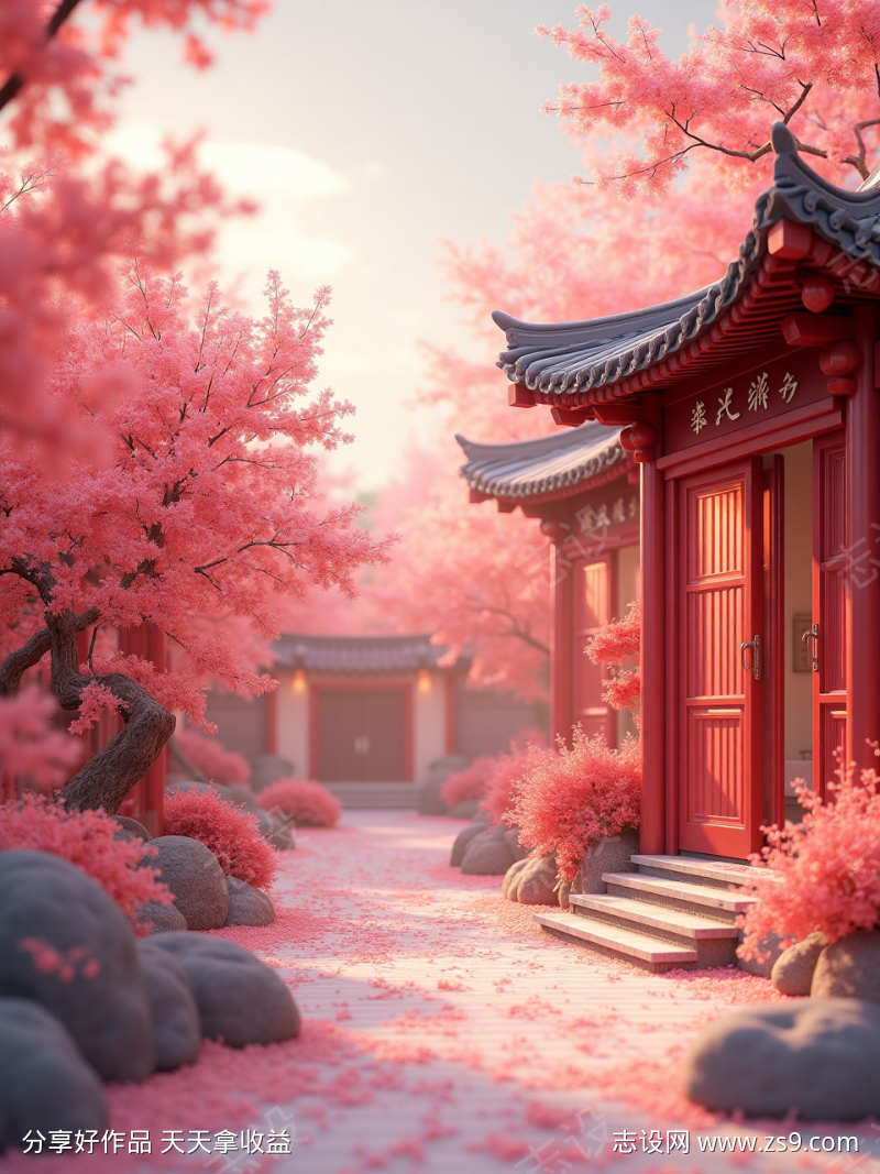 桃花林里的中式庭院