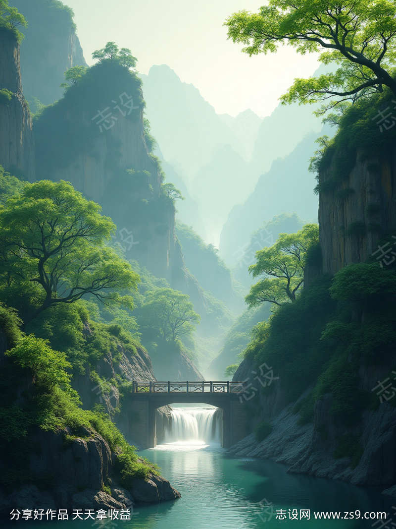 山间森林和瀑布
