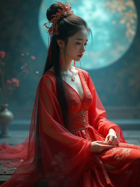 古风红裙女人_源文件下载_PNG格式_960X1280像素-长发,月亮,古风-作品编号:2025050715592723-志设-zs9.com