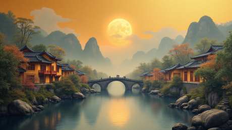 江南水乡风光_AI图片下载_euler采样_1536X864像素-树木,拱桥,太阳-作品编号:2025050917022524-志设-zs9.com