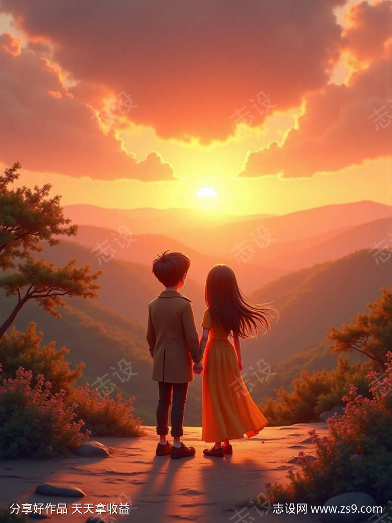 在山顶看夕阳的情侣
