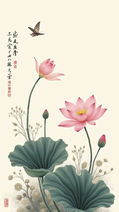 荷花工笔画_源文件下载_PNG格式_864X1536像素-古典,工笔,蝴蝶-作品编号:2025051011381972-志设-zs9.com
