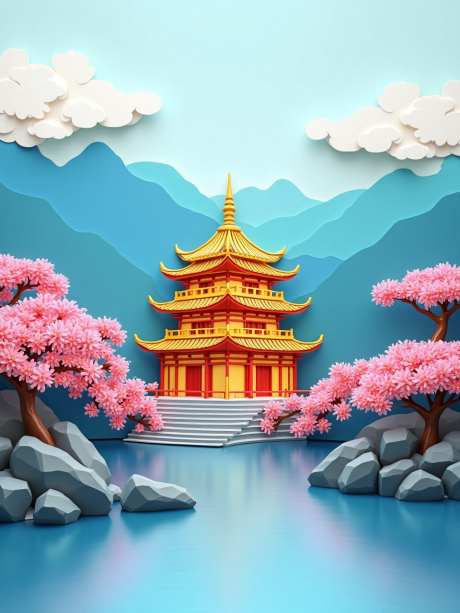中国传统建筑_源文件下载_PNG格式_960X1280像素-水面,樱花,蓝山-作品编号:2025051012003281-志设-zs9.com