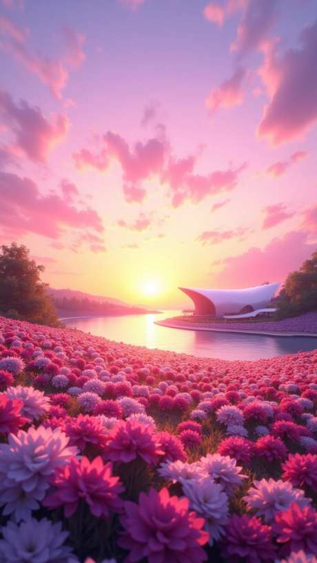 夕阳下的花海_AI图片下载_euler采样_864X1536像素-夕阳,植物,自然-作品编号:2025051115459166-志设-zs9.com