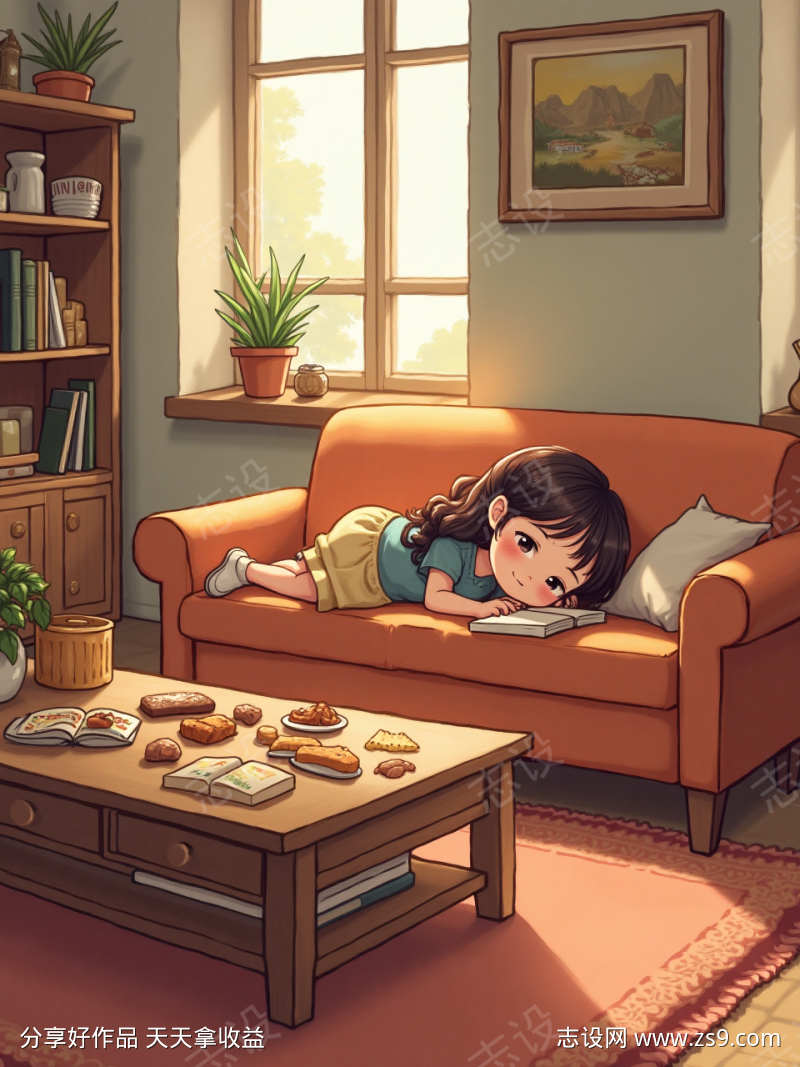 女孩躺在沙发上看书