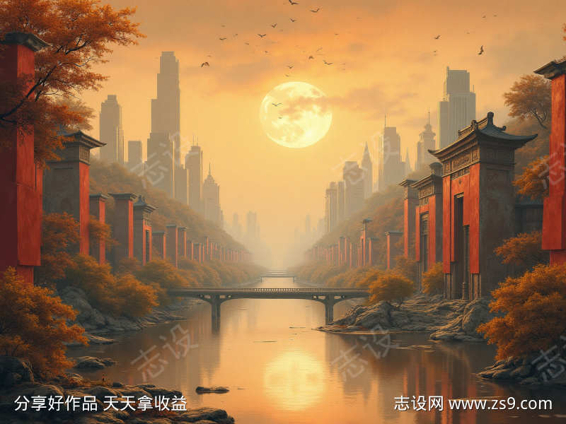 未来城市古画卷轴