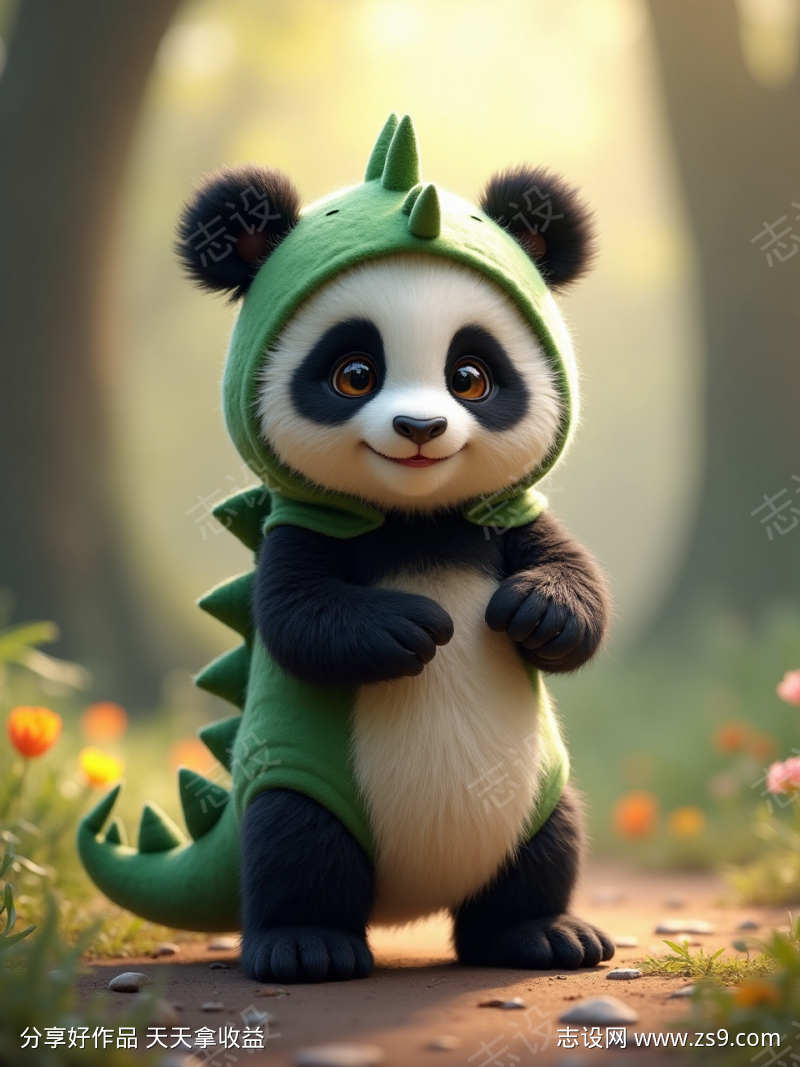 恐龙服装的可爱熊猫
