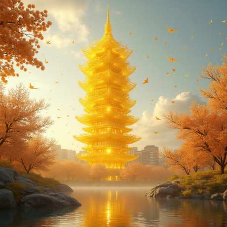 琉璃黄鹤楼_AI图片下载_euler采样_1024X1024像素-湖水,植物,金色-作品编号:2025051617308922-志`设`网