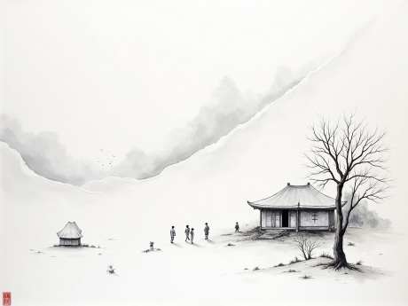 水墨简单插画_AI图片下载_euler采样_1280X960像素-人,房屋,枯树-作品编号:2025051714575907-志设-zs9.com