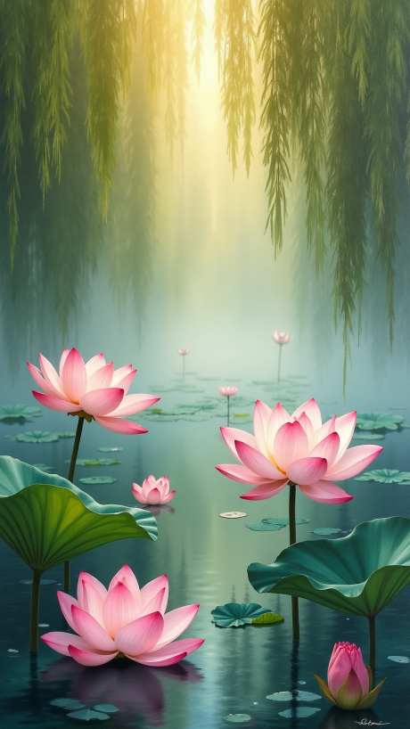 荷塘风景图_AI图片下载_euler采样_864X1536像素-植物,风景,池塘-作品编号:2025051714579155-志设-zs9.com